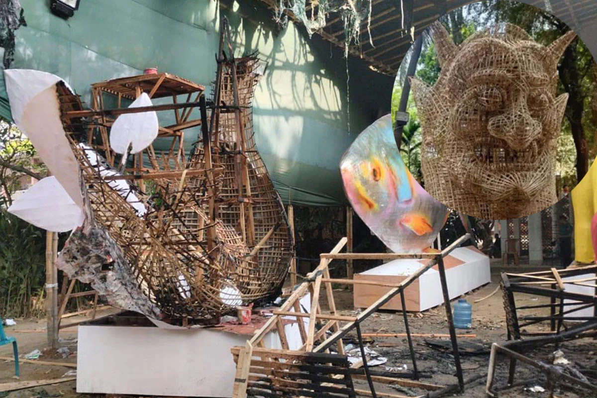 আগুনে পুড়ে গেল আনন্দ শোভাযাত্রার জন্য বানানো ফ্যাসিস্ট হাসিনার মোটিফ